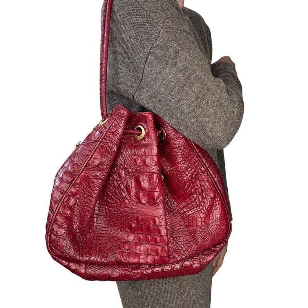 Brahmin Vintage Red Croc Embossed Leather Bucket Large Hobo Shoulder Bag Purse - Picture 5 of 11